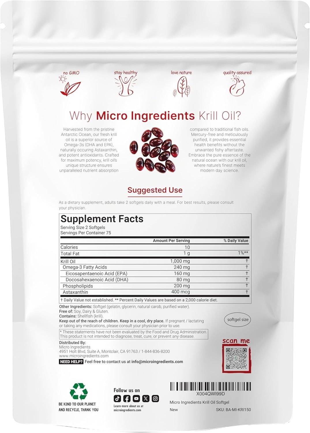 Natural Antarctic Krill Oil Softgels, 1,000 mg Omega-3, Mercury-Free, 150 Count