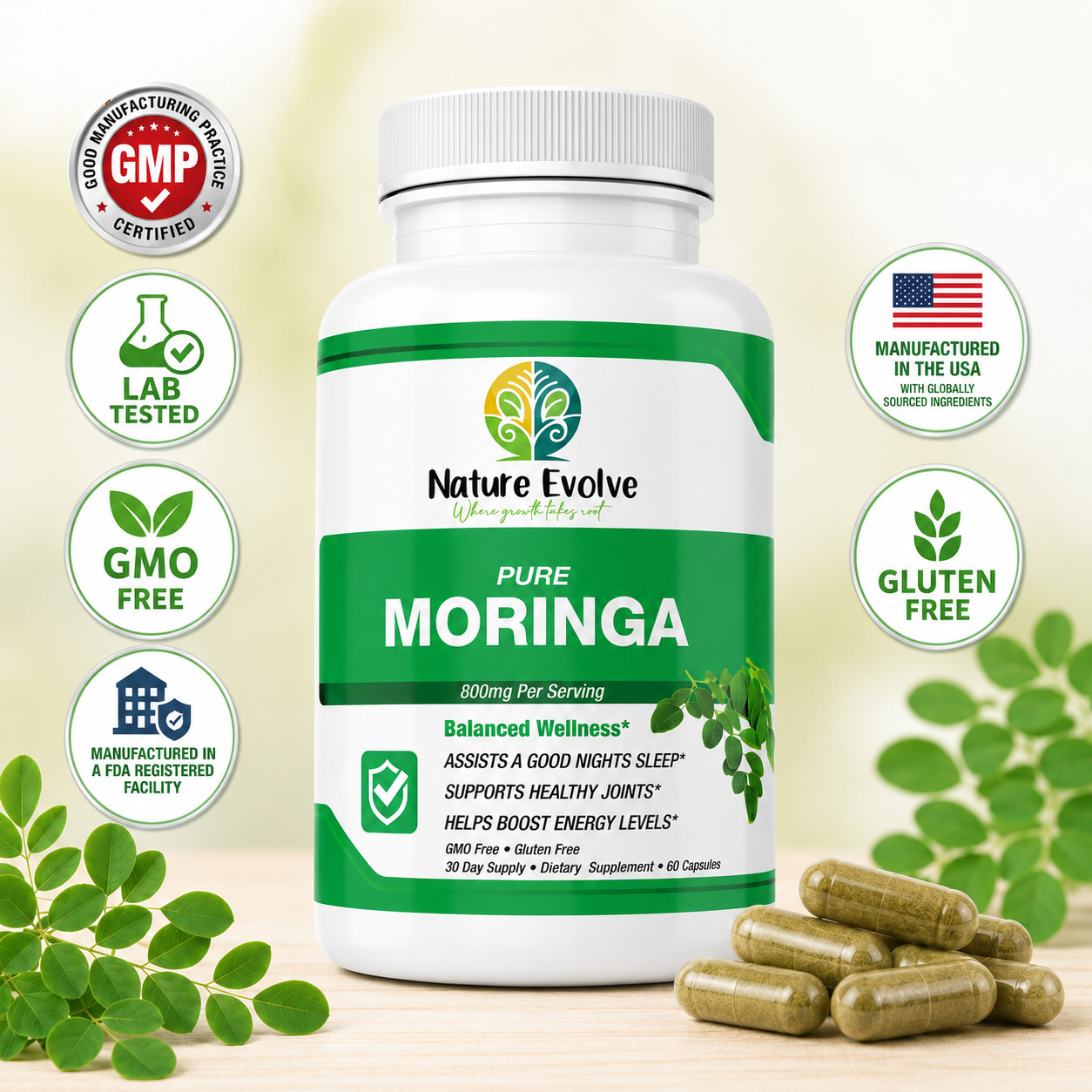 Nature Evolve Pure Moringa 800mg | 60 Veggie Capsules | GMO Free | Gluten Free