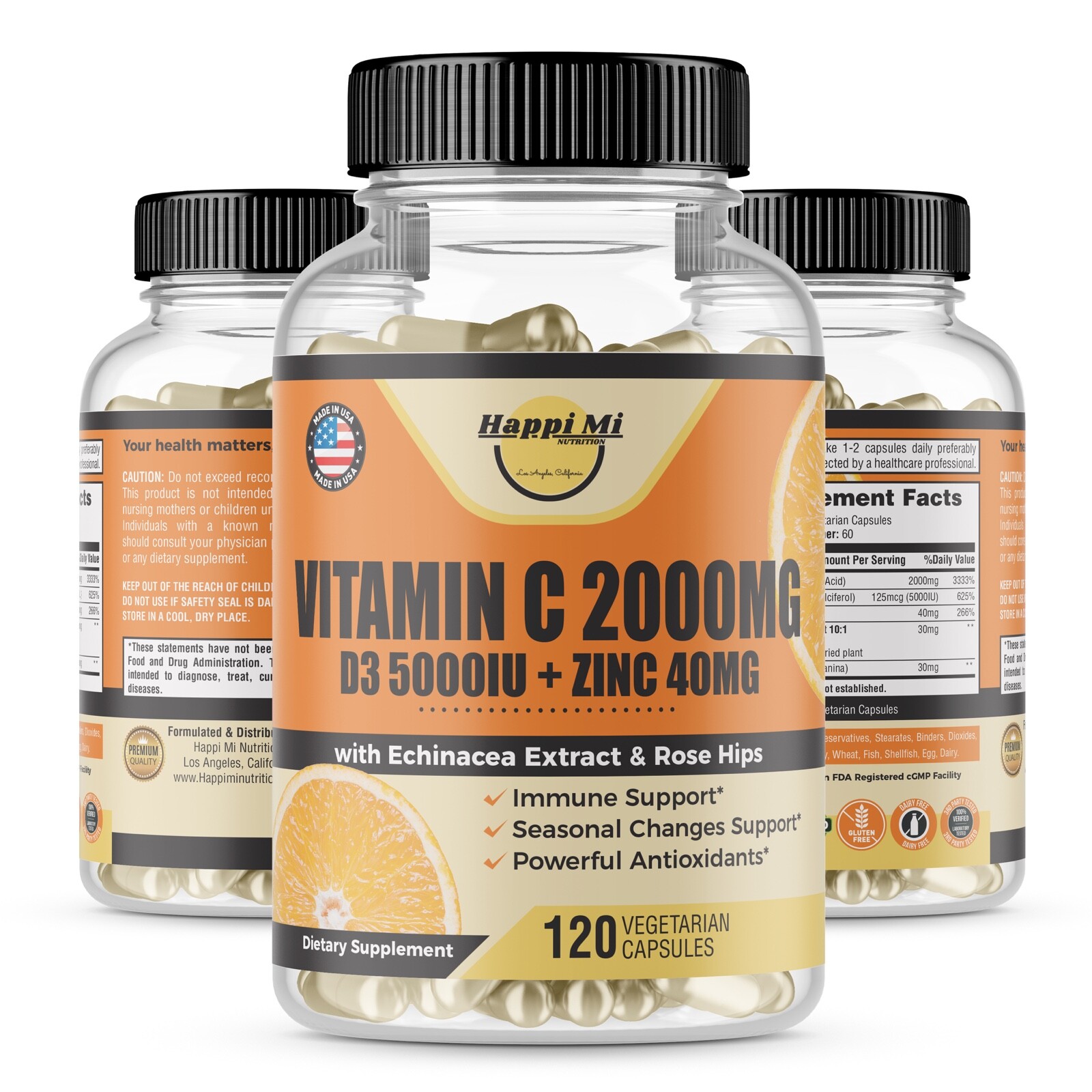 Vitamin C 2000mg, Vitamin D3 5000IU, Zinc 40mg with Echinacea and Rose Hips, 120
