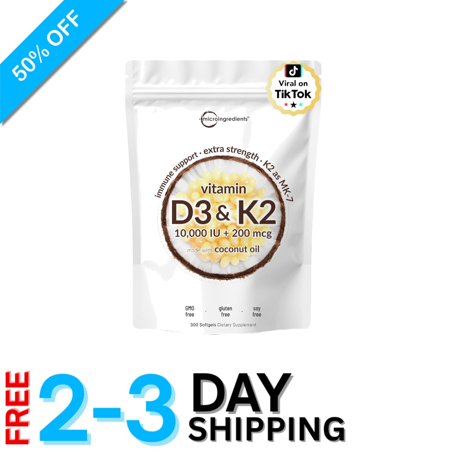 Easy-to-Swallow Coconut Oil Softgels: 2-in-1 D3 10,000 IU & K2 200 mcg Nutrition