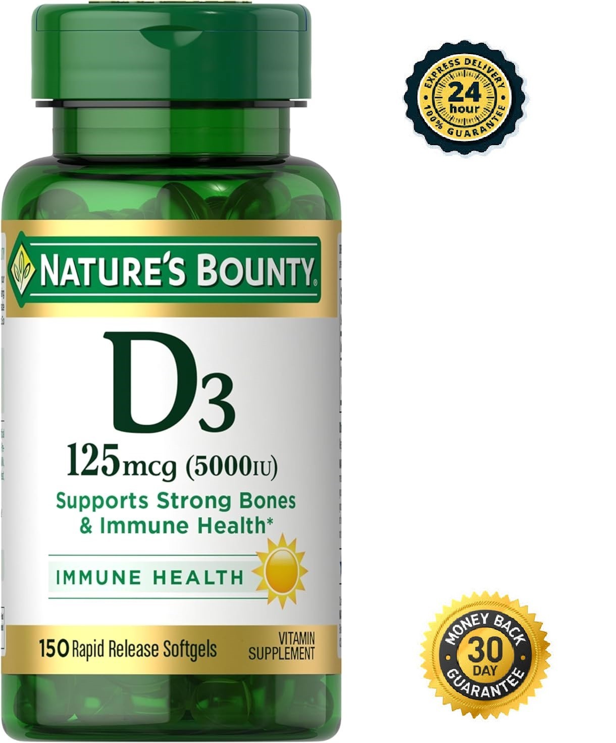 Nature’s Bounty Vitamin D3 5000 IU Softgels, Rapid Release, Immune 150 Count
