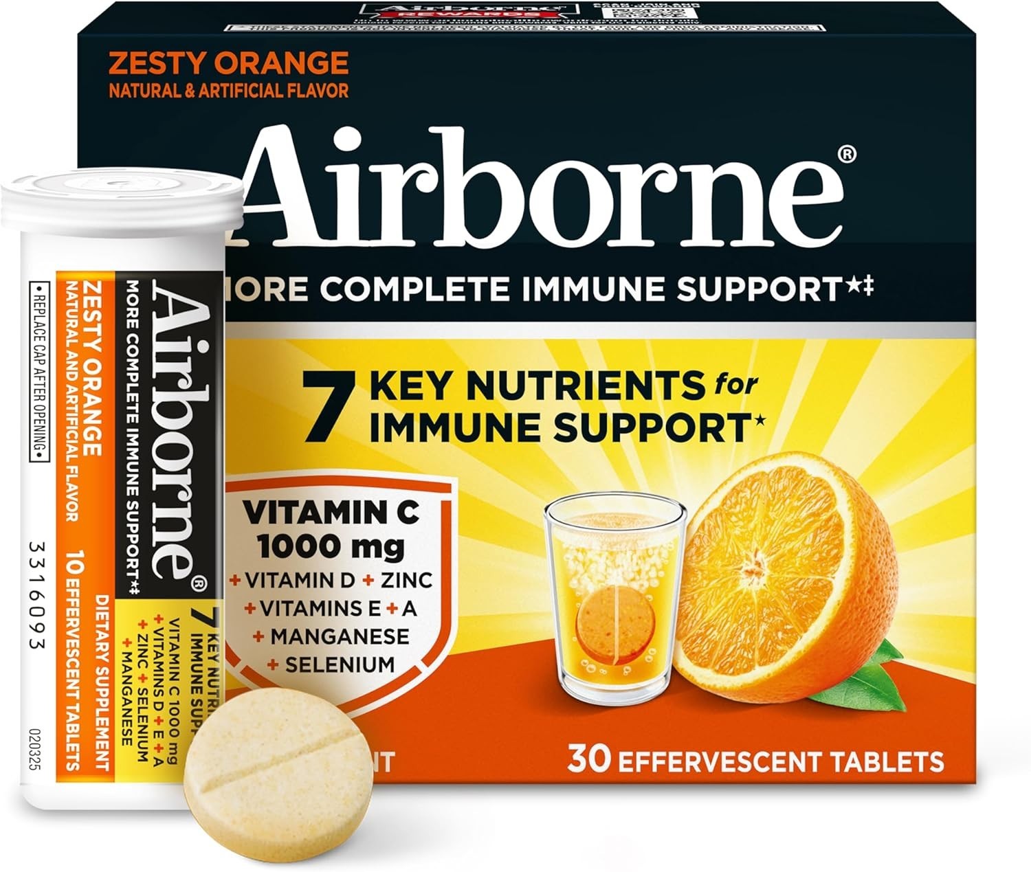 Airborne 1000mg Vitamin C with Zinc Effervescent Tablets Immune 30 ct EXP 2027