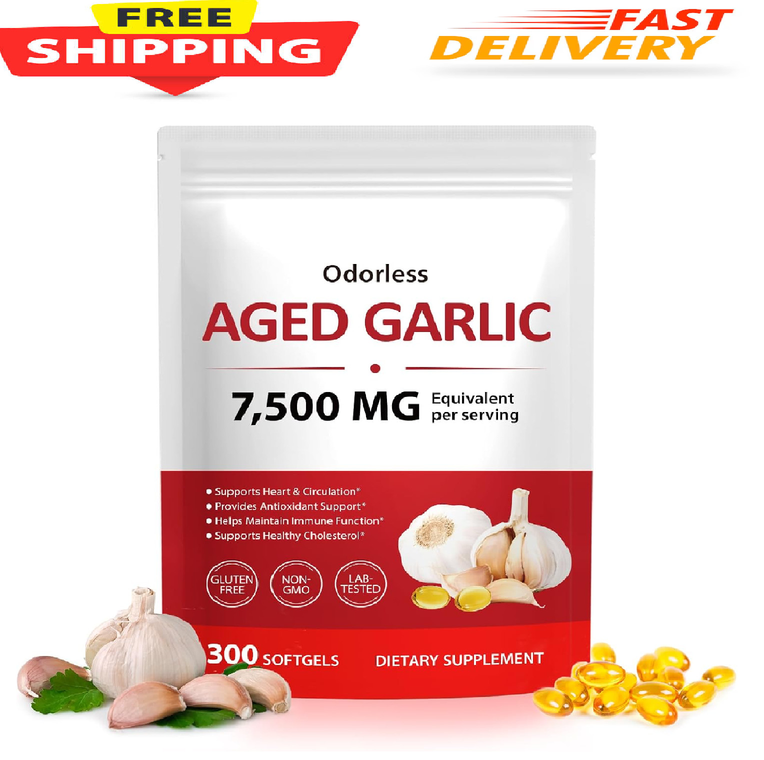 Odorless Garlic 7500mg Per Servings, 300 Softgels | 2 Years Aged Garlic Extra…