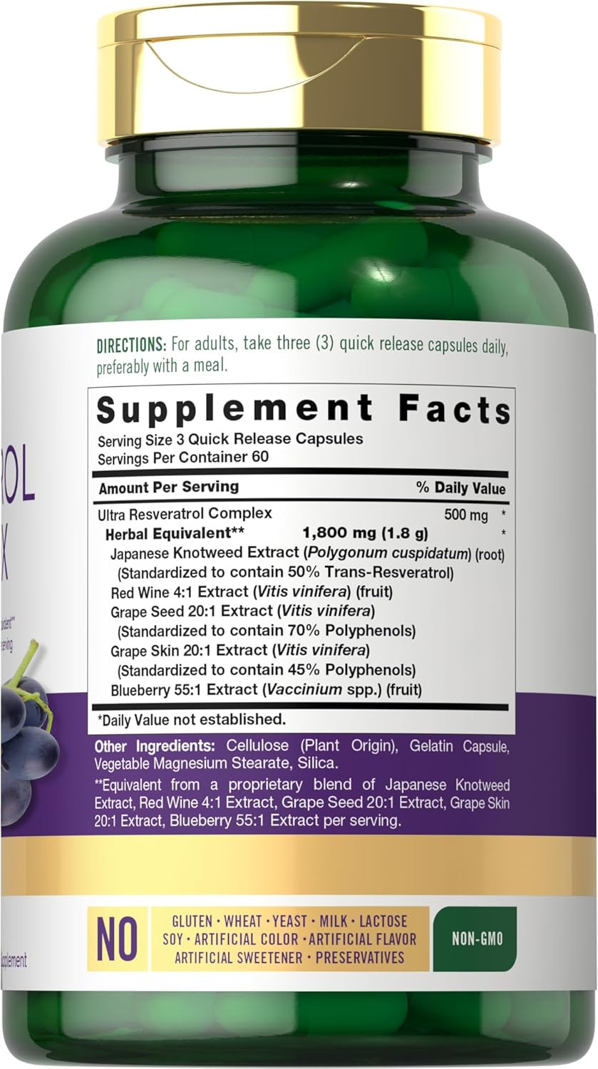 Resveratrol Complex – 180 Capsules – Trans Resveratrol Supplement with Grape See