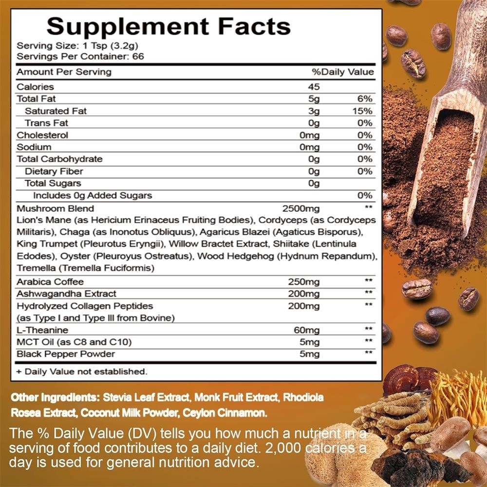 1-3x Organic Instant Coffee Powder Mushroom Coffee 210G Brain Memory Focus Boost