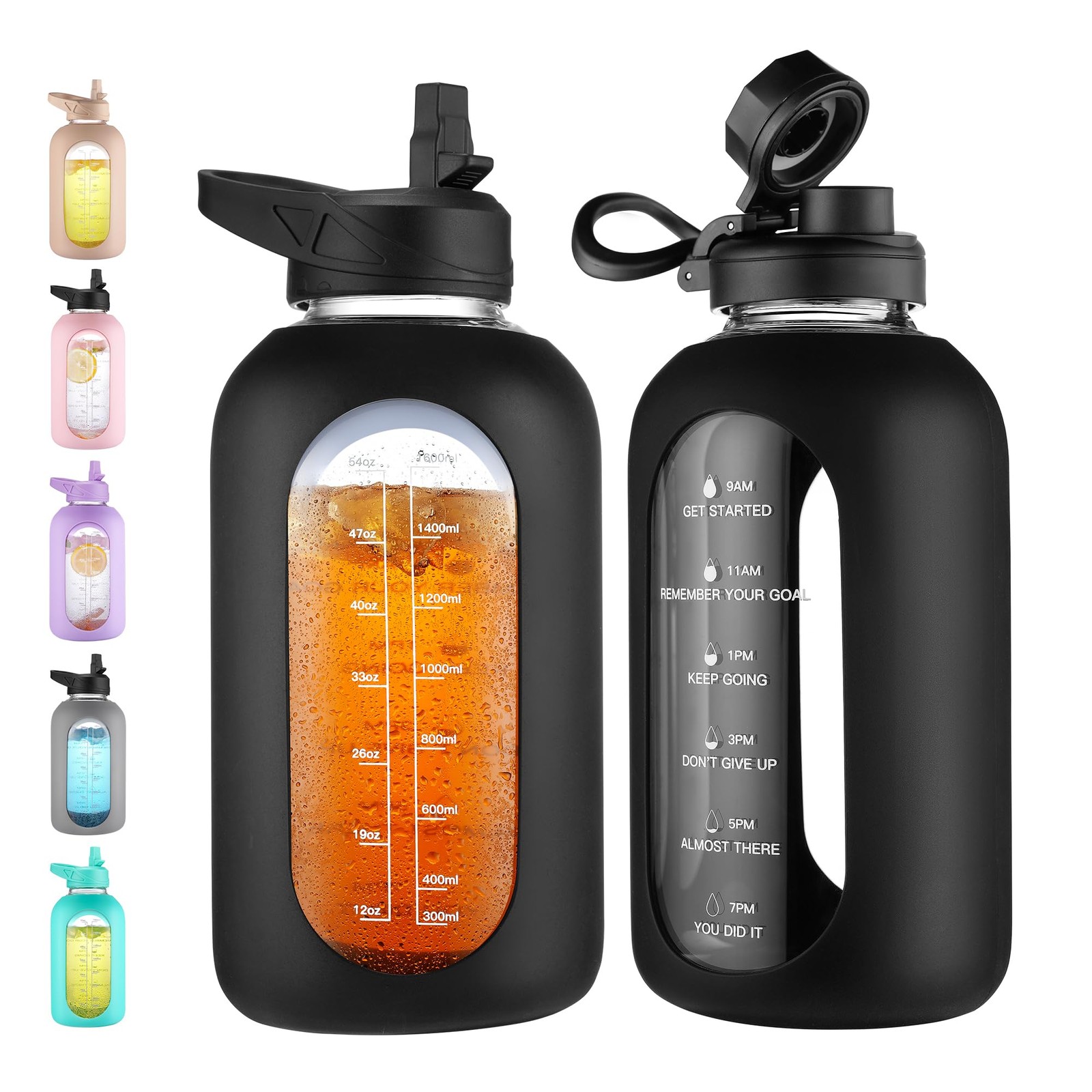 CIVAGO 64 oz Glass Water Bottle Jug with Straw and Handle, 64 Ounces, Black