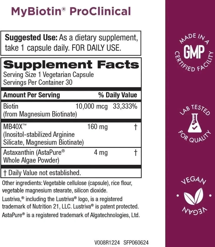 Purity Products My Biotin ProClinical MyBiotin 30 Capsules new EXP. 12/ 2027.