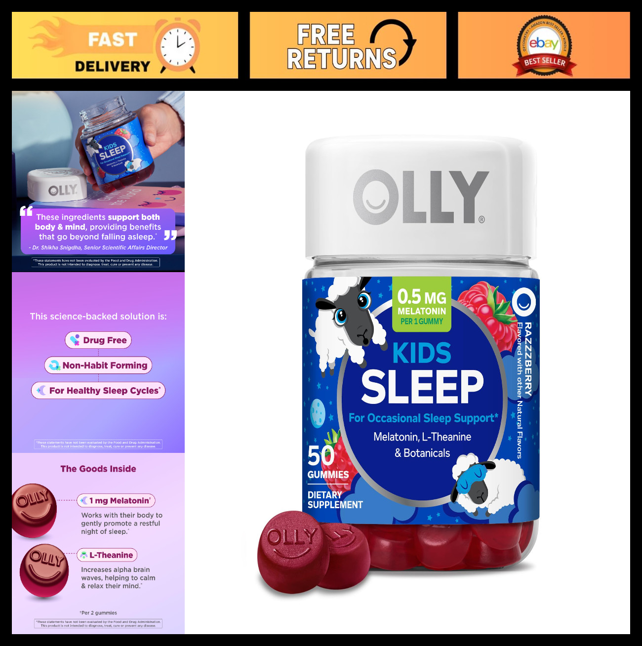 Kids Sleep Gummies with Melatonin & L-Theanine, Raspberry Flavor, 50 Count