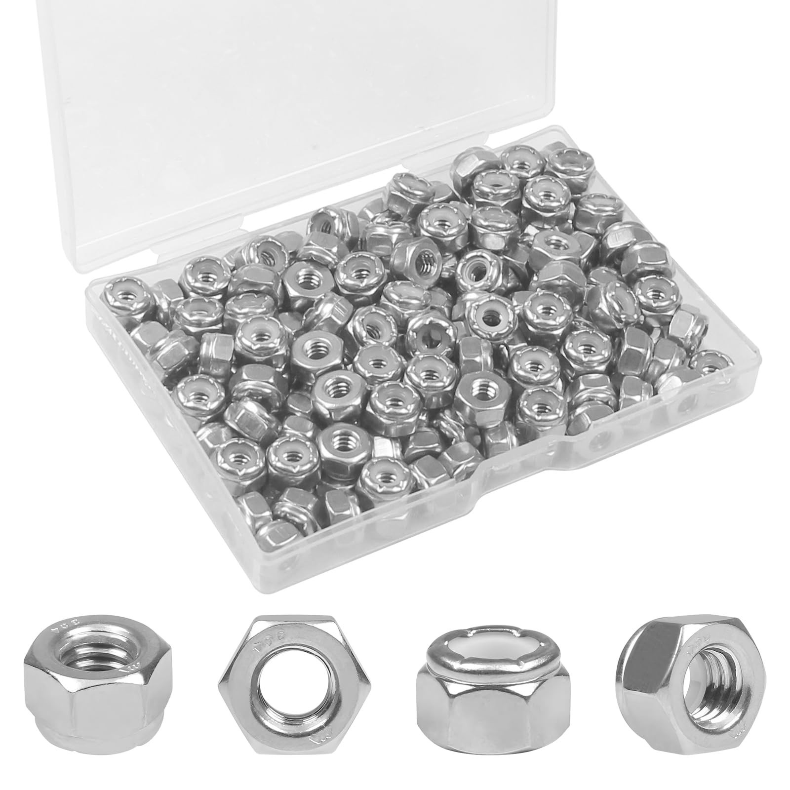 150PCS #10-24 Nylon Insert Hex Lock Nuts,304 Stainless Steel Locknuts,Hex Dri…