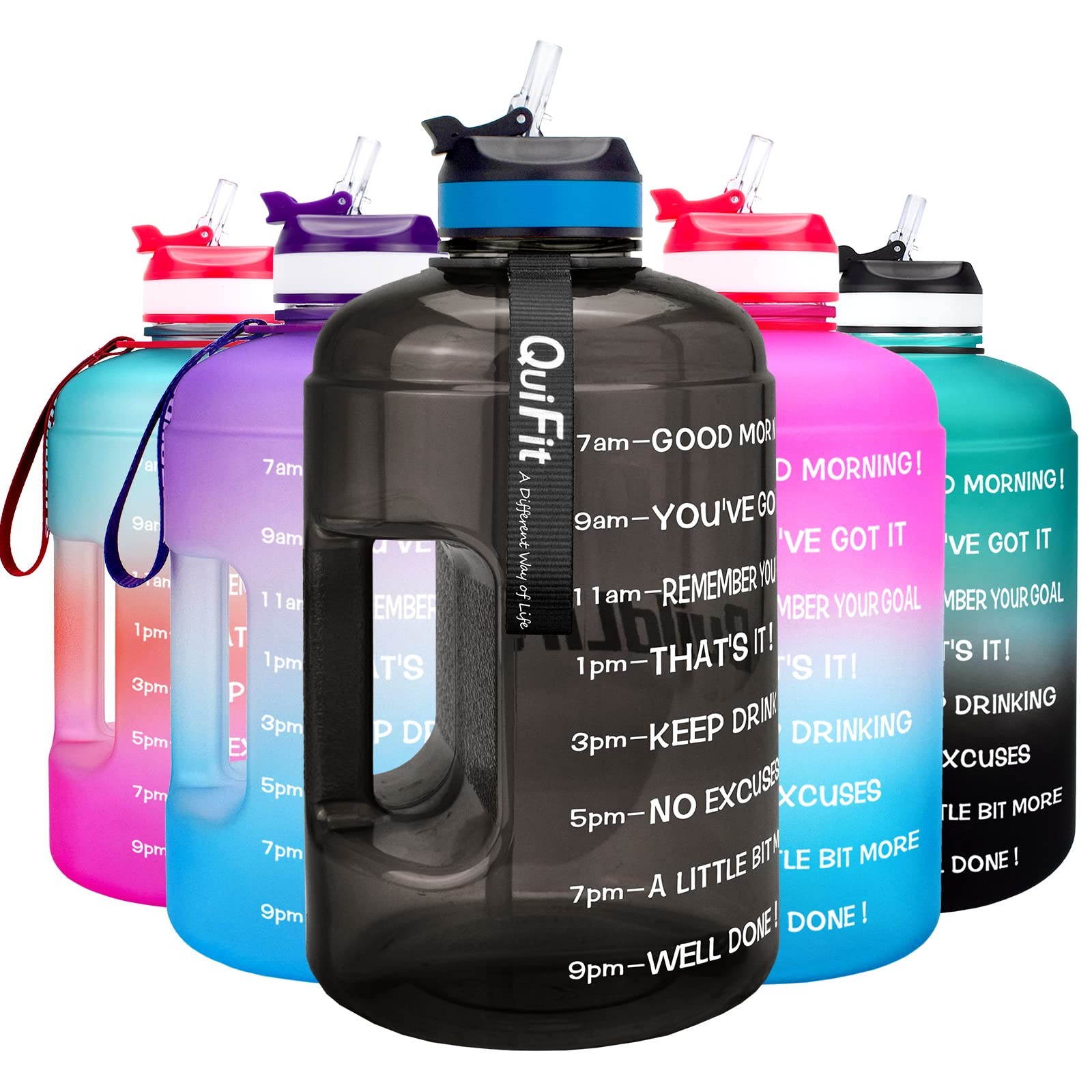 QuiFit Motivational Gallon Water Bottle – 128 Ounces, QFA3 Midnight Black