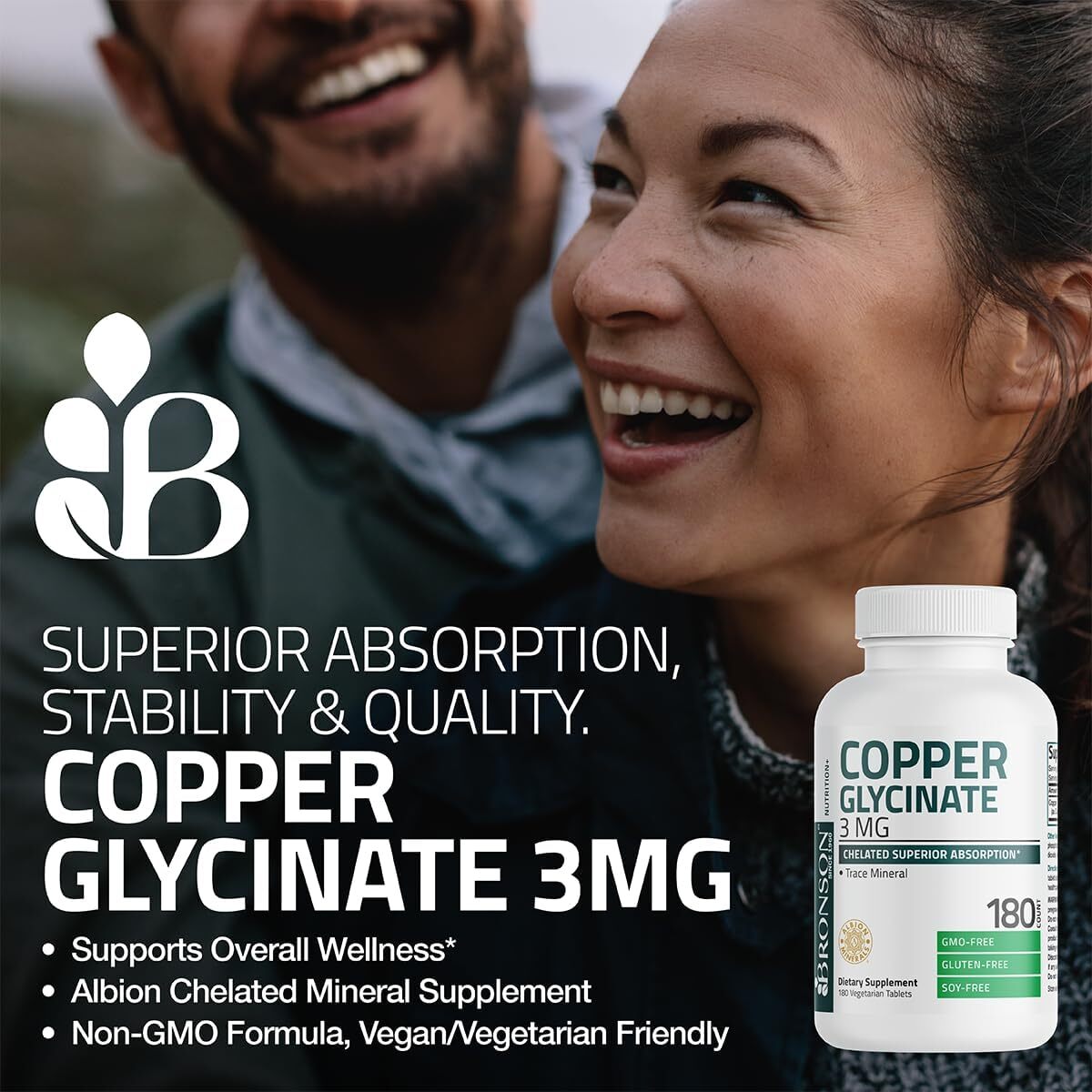 Copper Glycinate 3Mg Chelated Superior Absorption Non-Gmo, 180 Vegetarian Tablet