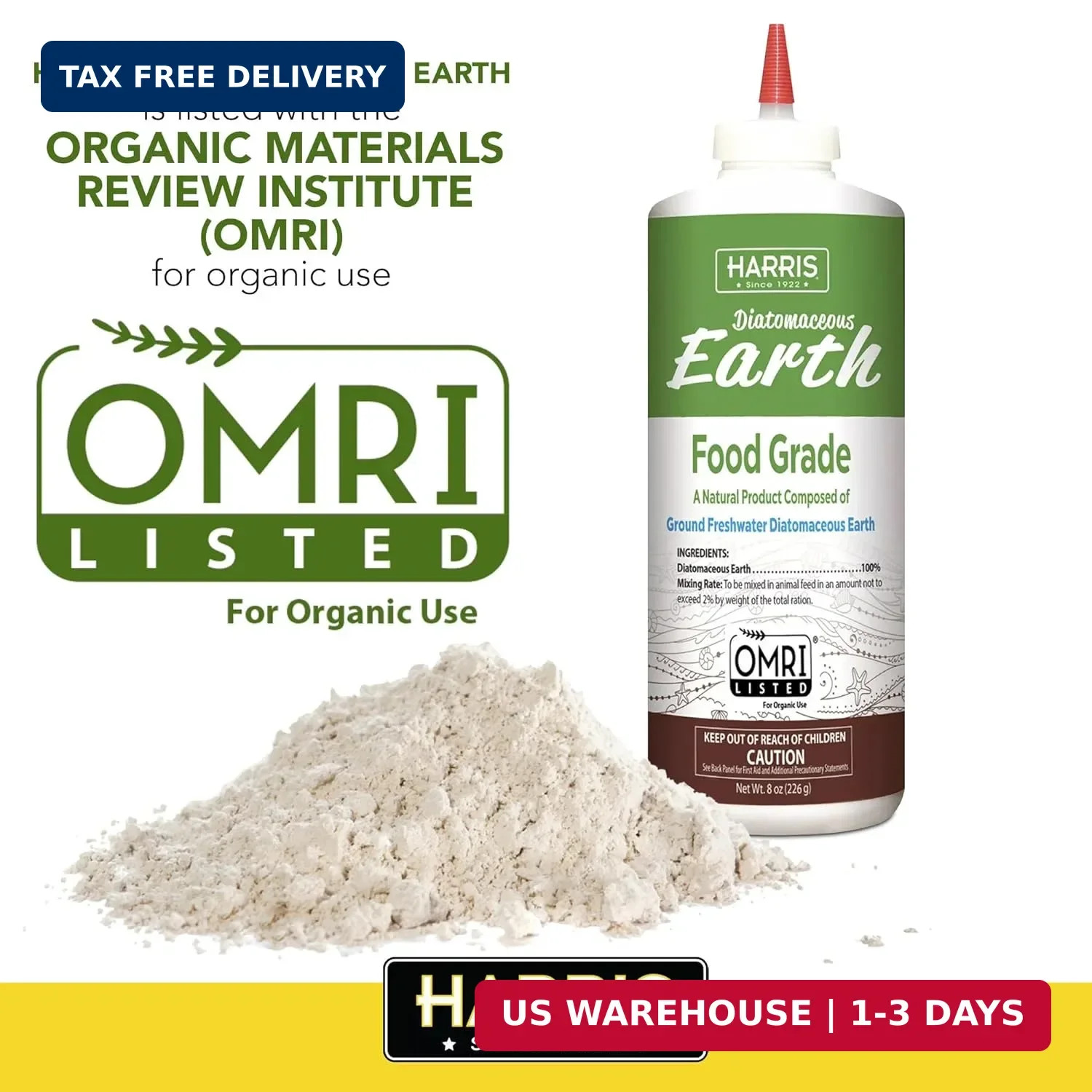 HARRIS Diatomaceous Earth Food Grade, Half Pound with Easy Application Puffer Ti