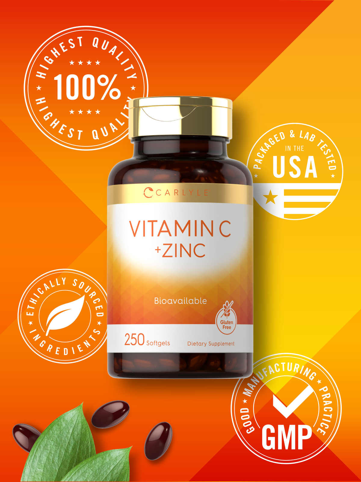 Vitamin C with Zinc | 280mg | 250 Softgels | Non-GMO, Gluten Free | by Carlyle