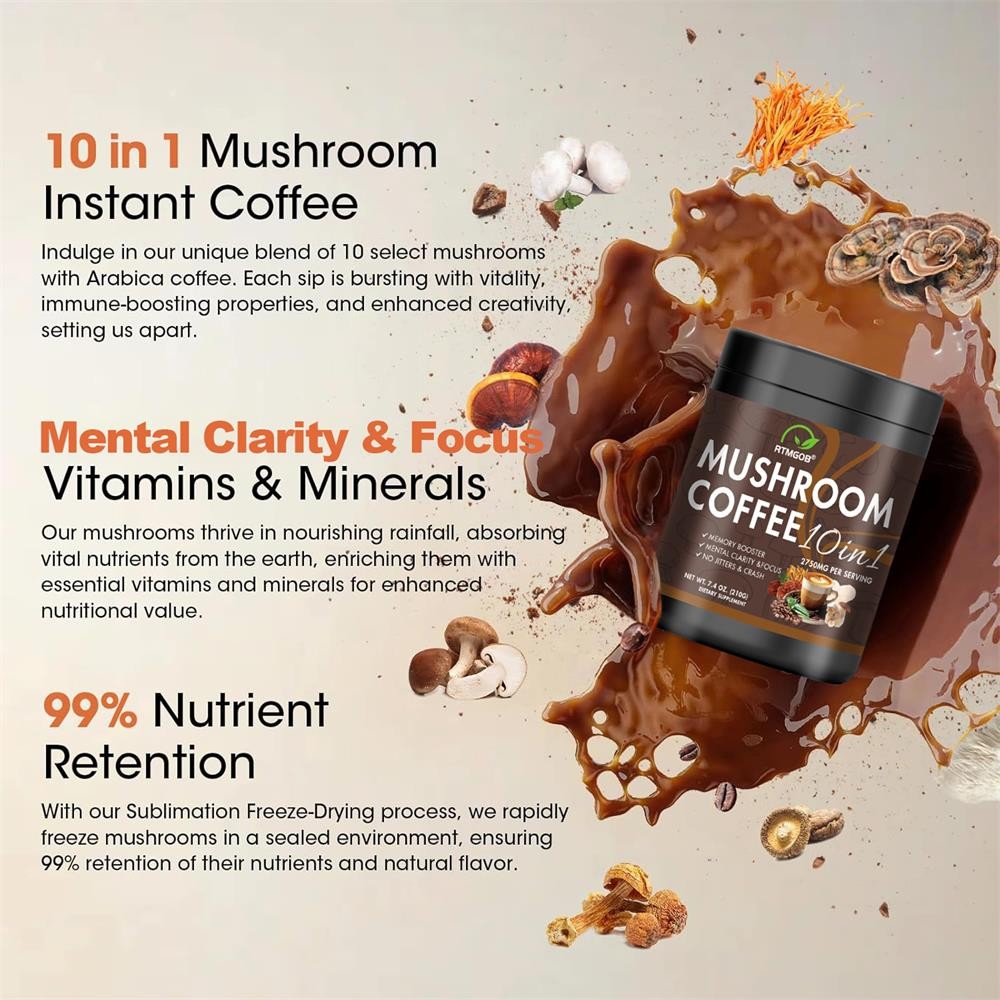 1-3x Organic Instant Coffee Powder Mushroom Coffee 210G Brain Memory Focus Boost