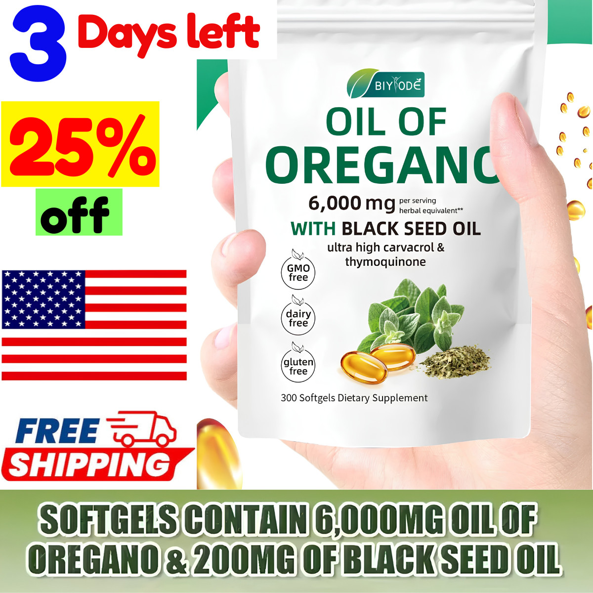 2 in 1 Oil of Oregano & Black Seed Softgels with Carvacrol , Immune Support