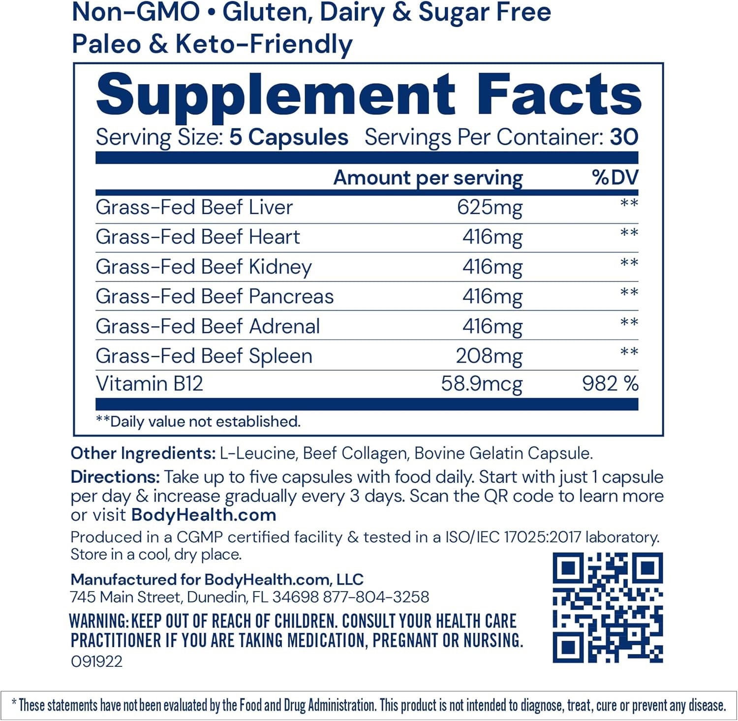 BodyHealth Organ+ Grass-Fed Glandular Organ Complex Superfood Blend 150 Capsules