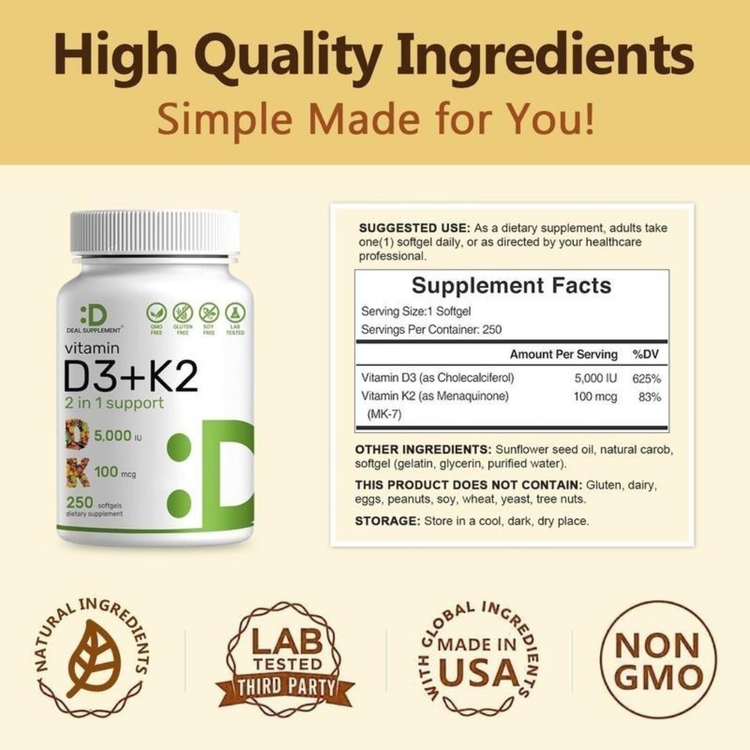 NEW Vitamin D3 5000 IU with K2 MK-7 250 Veggie Softgels Dietary Supplement