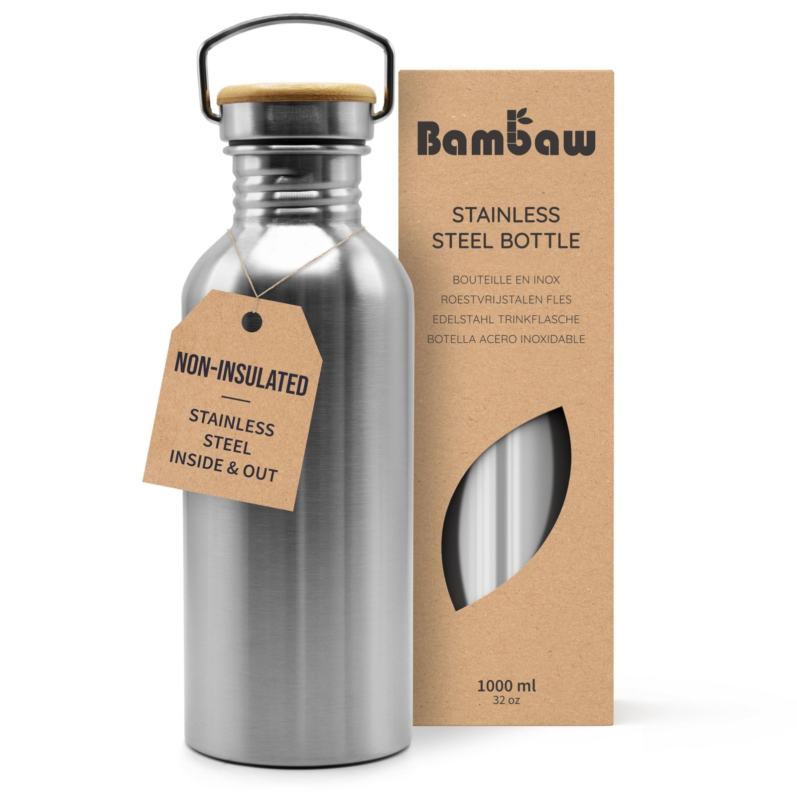 Bambaw Stainless Steel Water Bottles 32 oz, Non-insulated 32 Silver