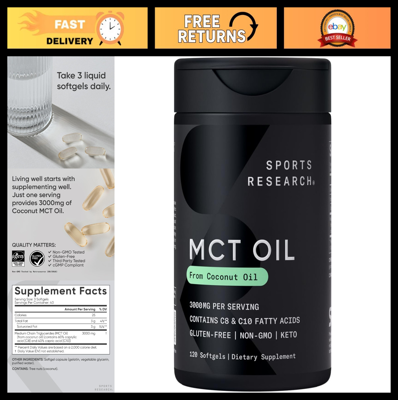 Coconut MCT Oil 3000mg Softgels – C8 & C10 Medium Chain Fatty Acids, Keto, Paleo