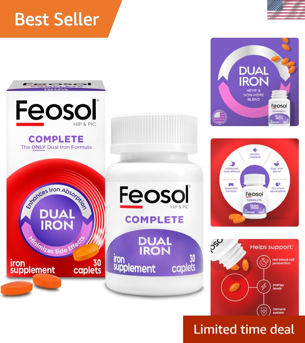 Complete Iron Supplement Caplets for All Ages 12+, 30 Count – Fast Absorption