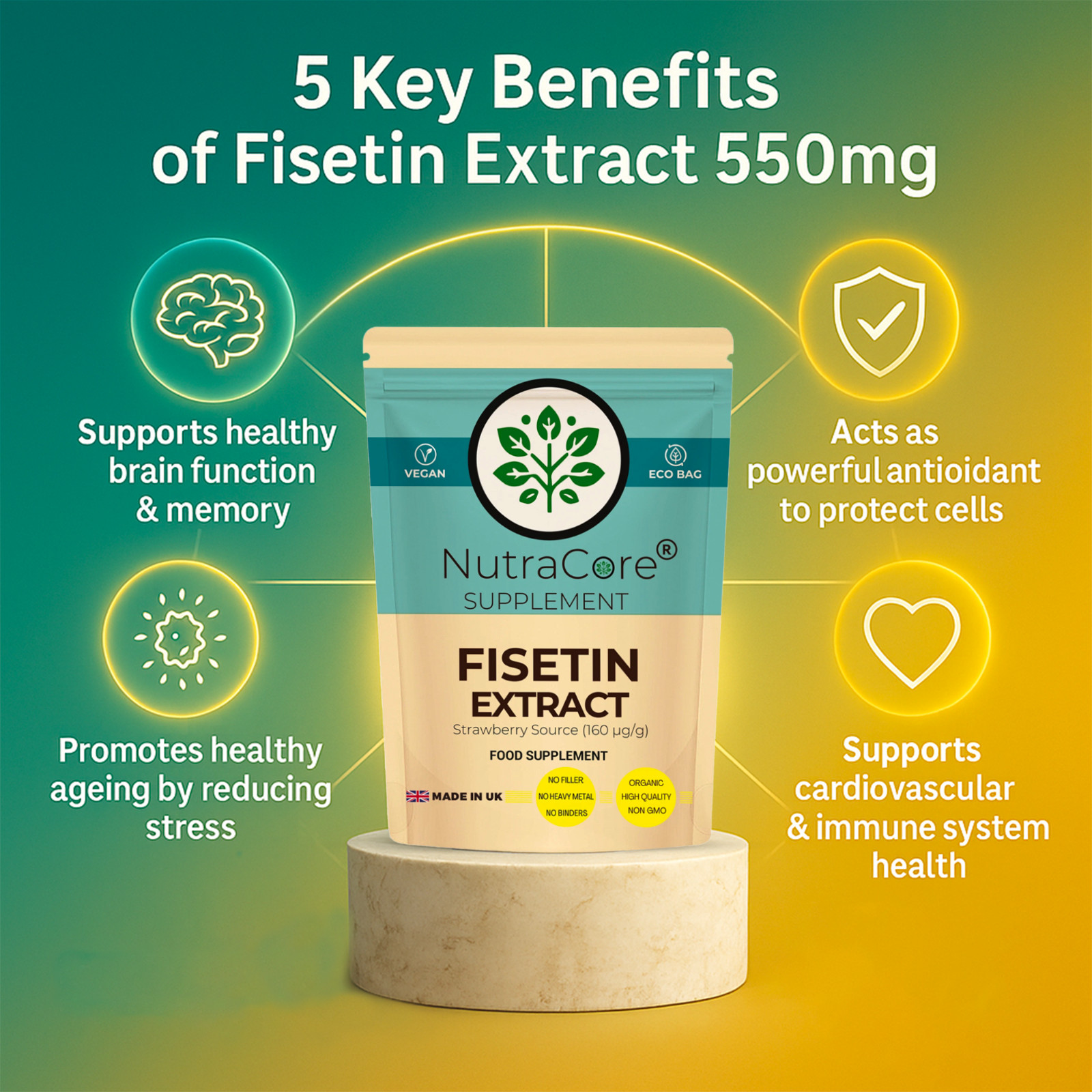 Fisetin Extract 550mg Capsules-(Strawberry Source & 160 μg/g)-100%Vegan &Natural