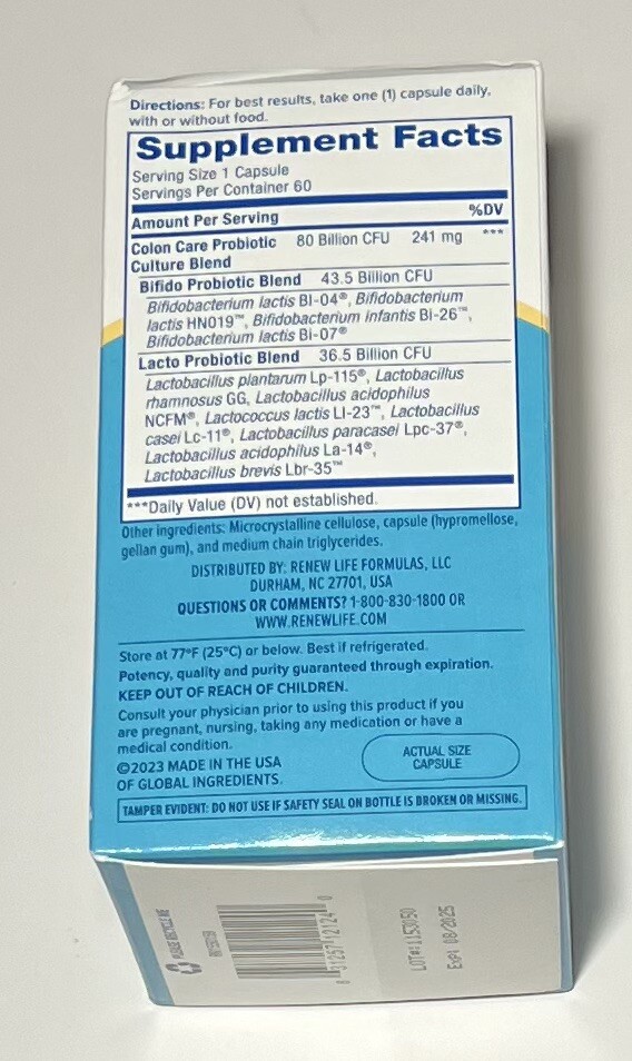 Renew Life Colon Care Probiotic 80 Billion CFU 60 Capsules EXP 9/2026+