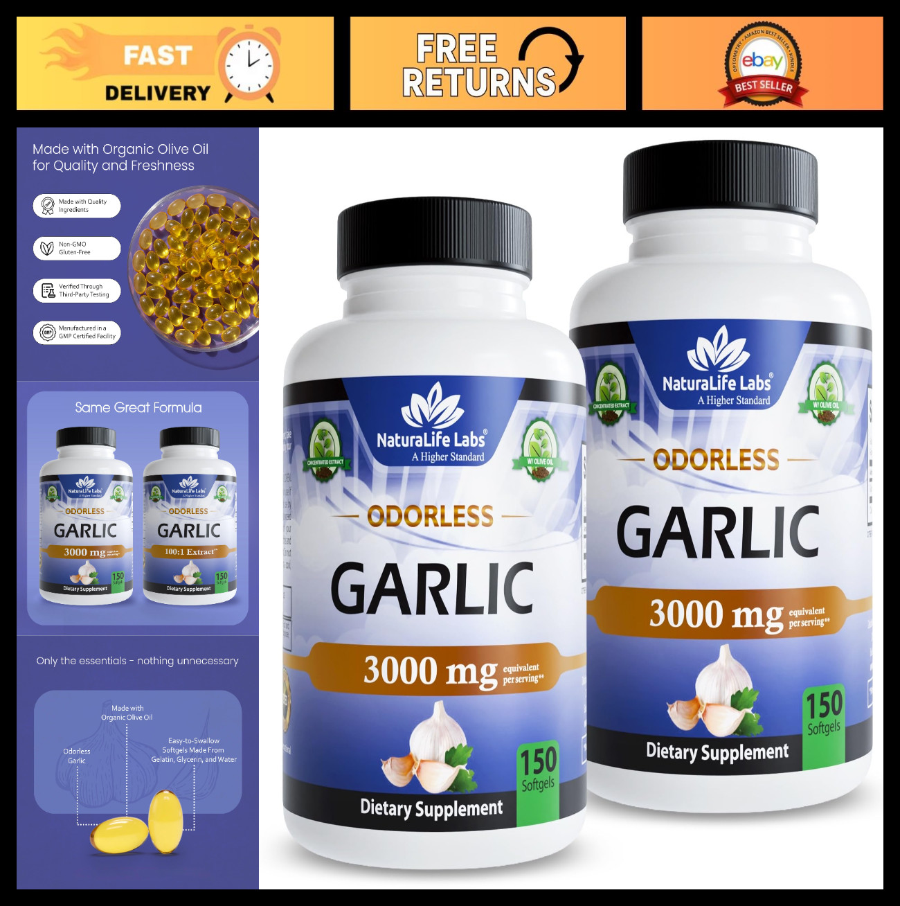 Odorless Garlic Extract 100:1 with Olive Oil – 150 Softgels, Non-GMO, Gluten-Fre
