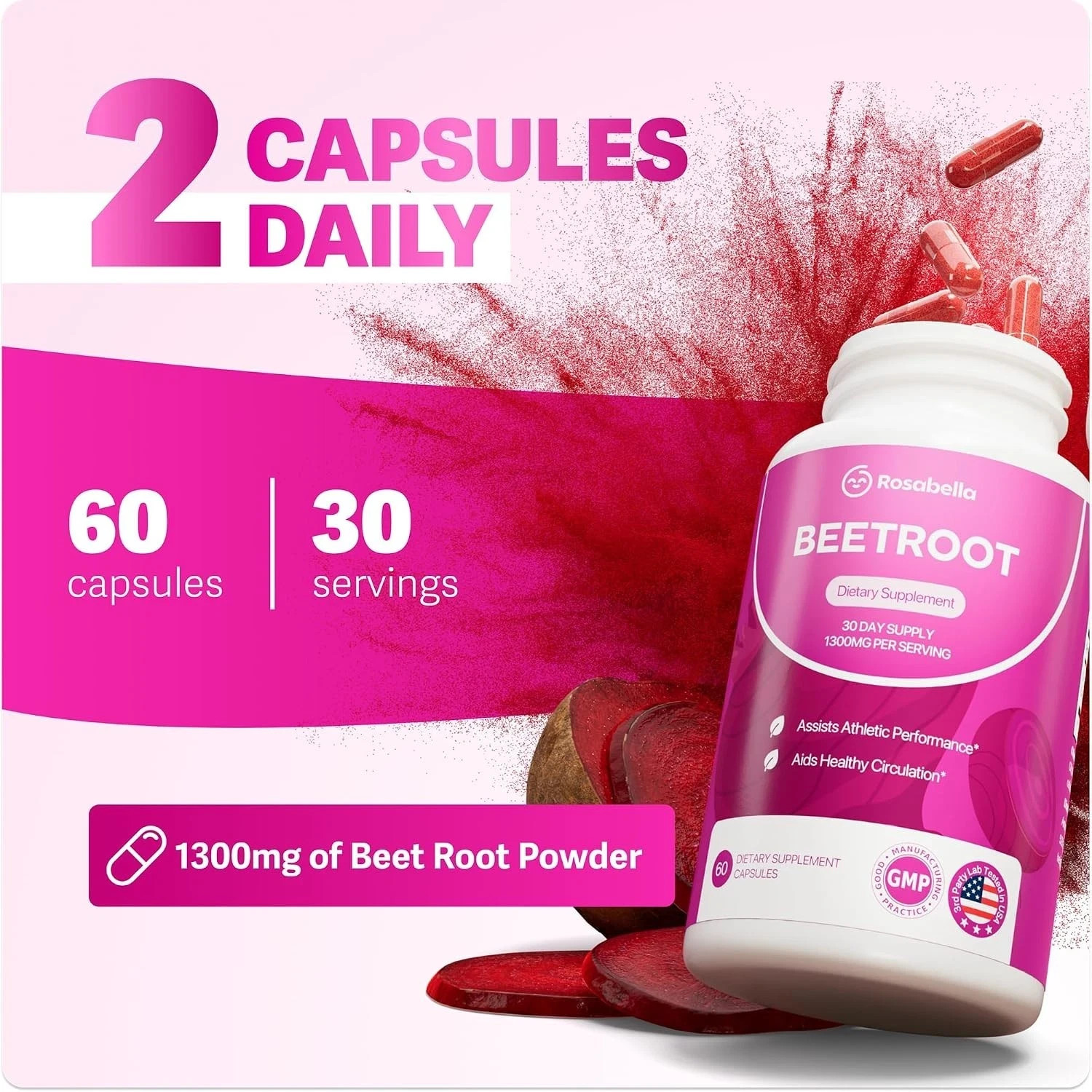 60ct Rosabella 1300mg Organic Beetroot Capsules Heart & Circulation Support USPS
