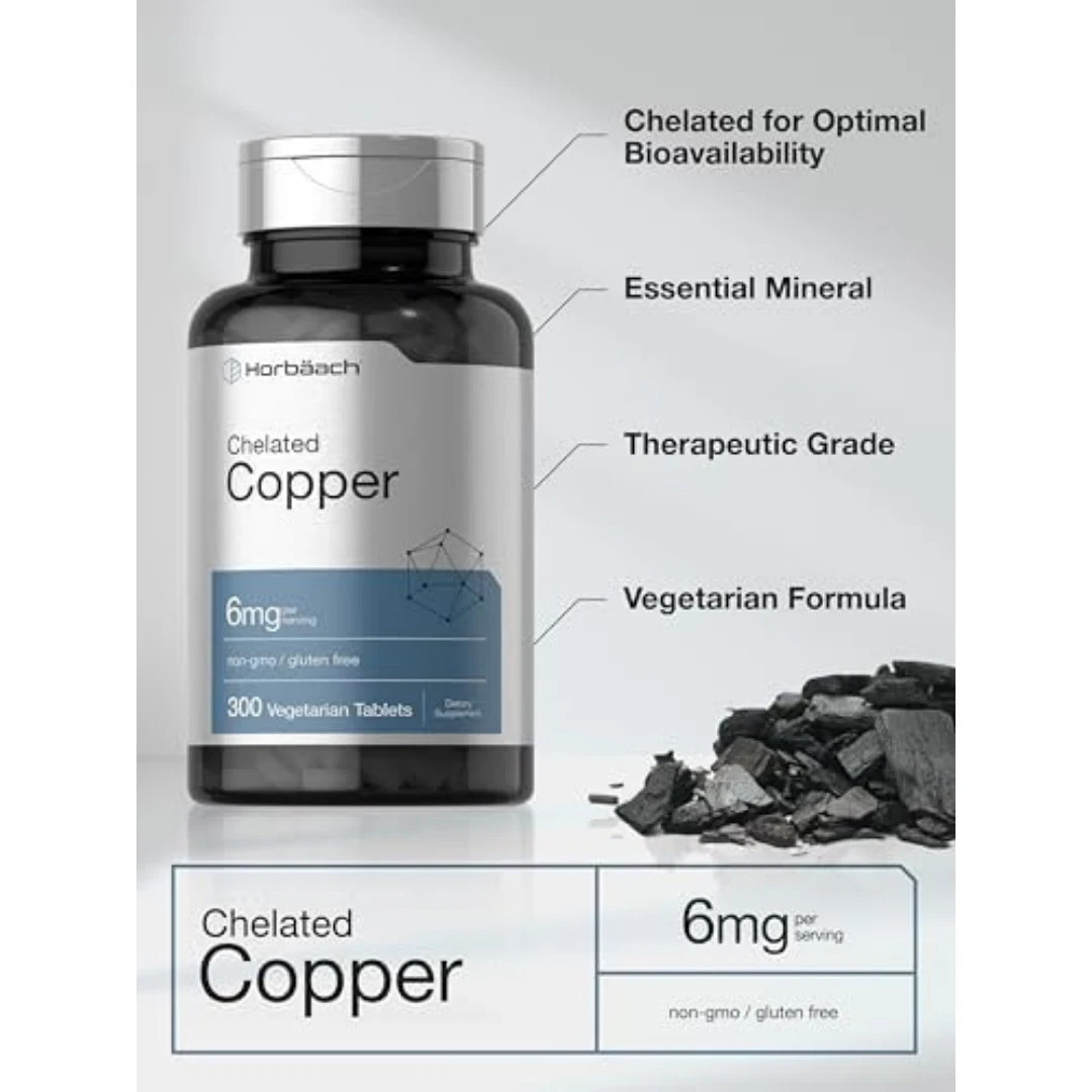 Chelated Copper | 6 mg | 300 Tablets | Vegetarian, Non-GMO | by Horbaach