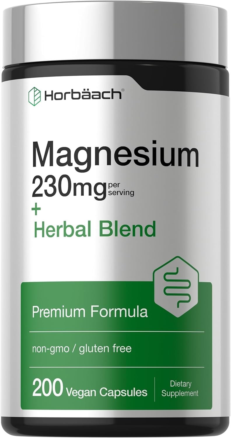 Horbaach Magnesium 230mg | Plus Herbal Blend | 200 Vegan Capsules | Gentle Clean