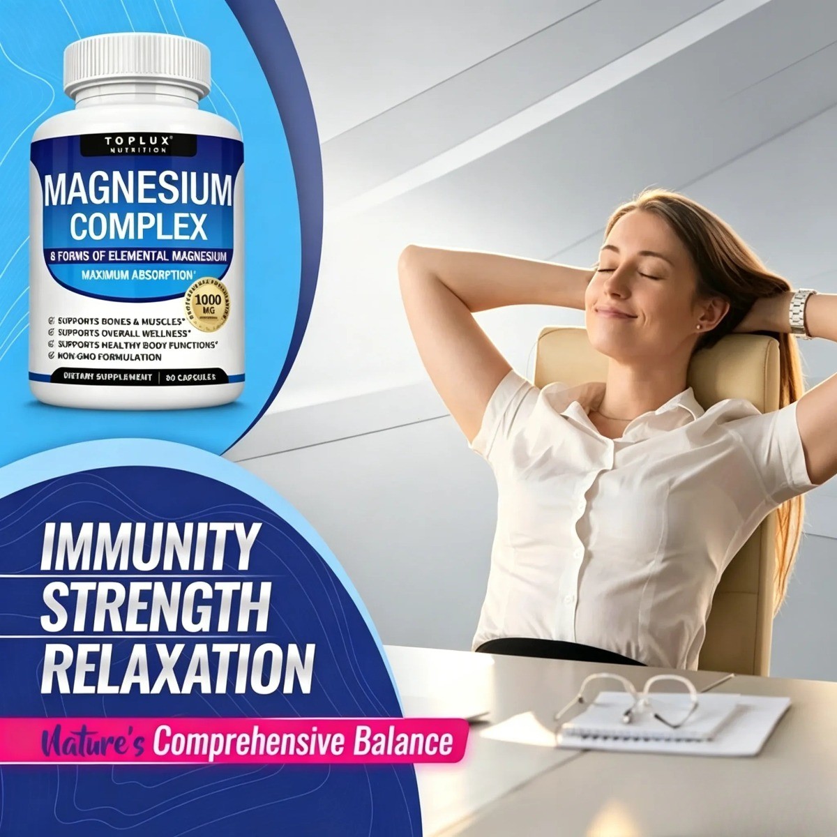 Magnesium Complex 1000mg 8-in-1 Supplement for Sleep, Calm & Cramp 90ct