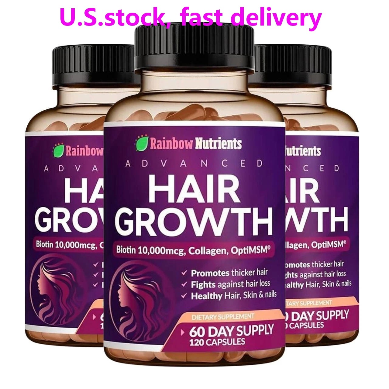 3 PACK NEW Rainbow Nutrients ADVANCED Hair Growth Vitamins – Biotin 10,000mcg