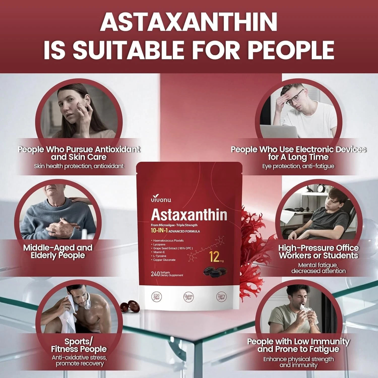 Astaxanthin 12mg 240 Softgels, 4 Month Supply,Triple Strength,Non-GMO,Eye Health