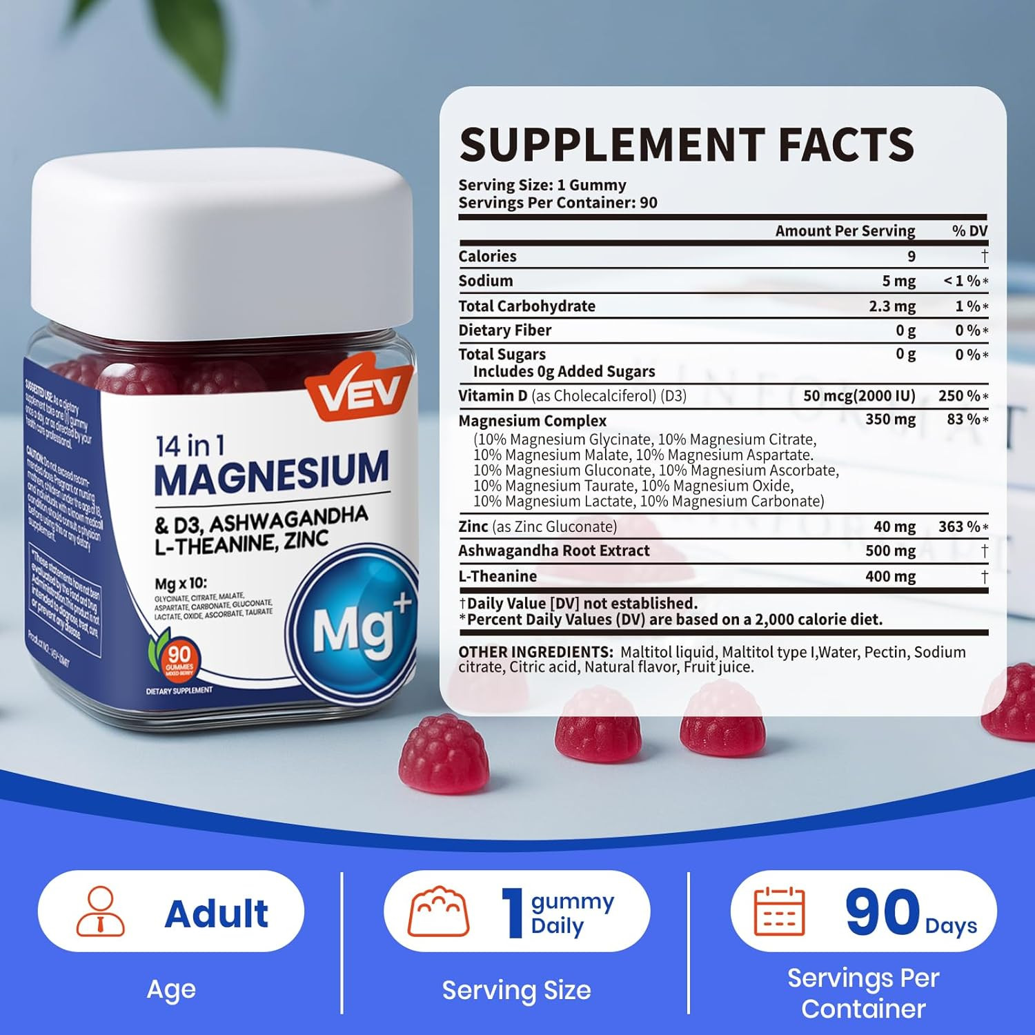 VEV Deep Calm Magnesium Complex 14-in-1 Gummies 90 Count For Women Men