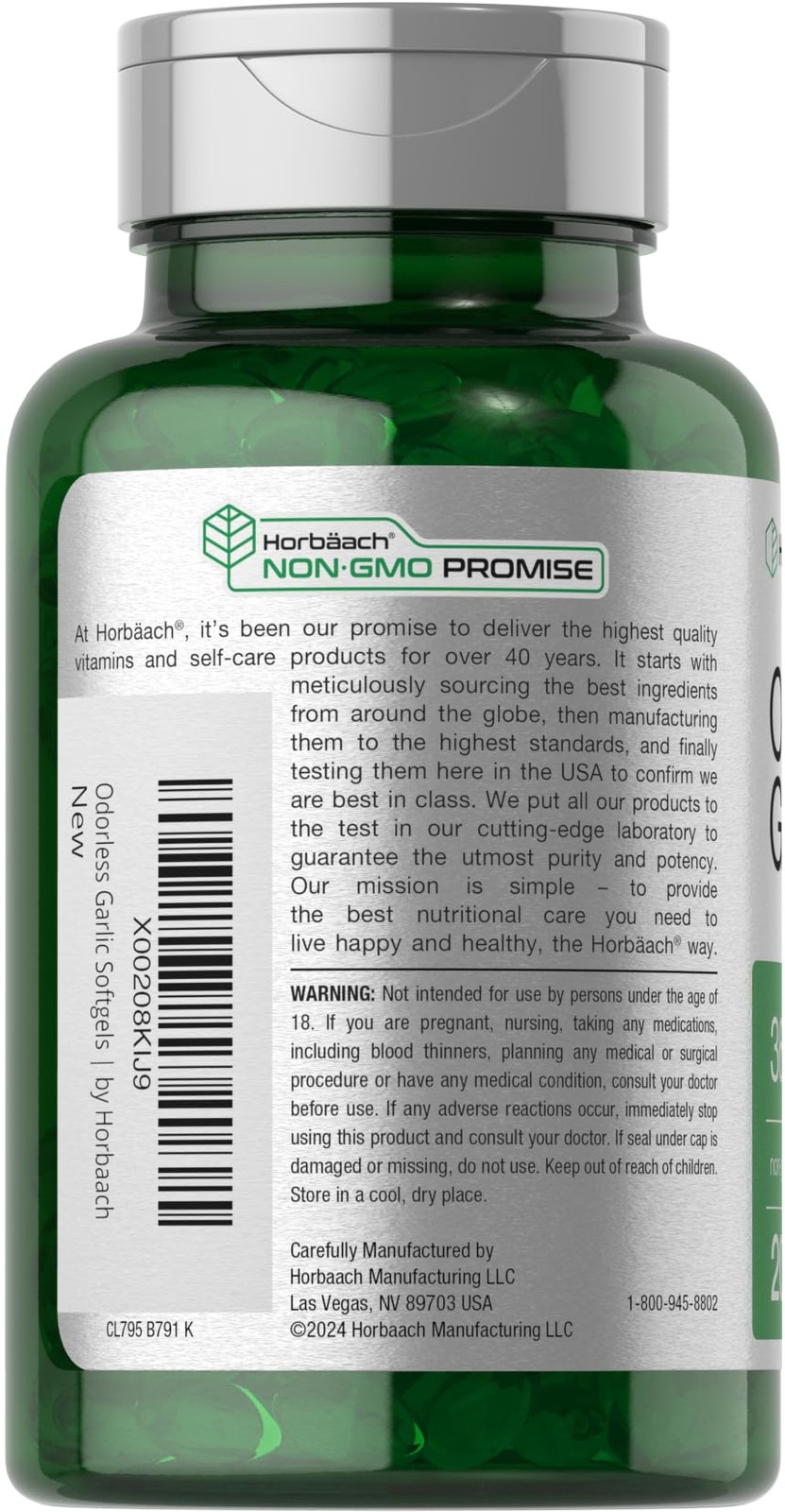 Horbäach Odorless Garlic Softgels 3600 mg | 200 Count | Ultra Potent Garlic