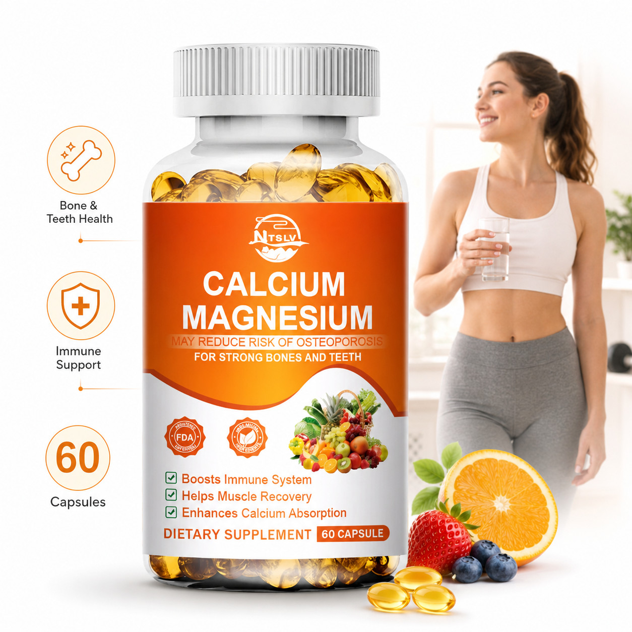Calcium Magnesium 60 Capsules Bone Teeth Immune Support Supplement