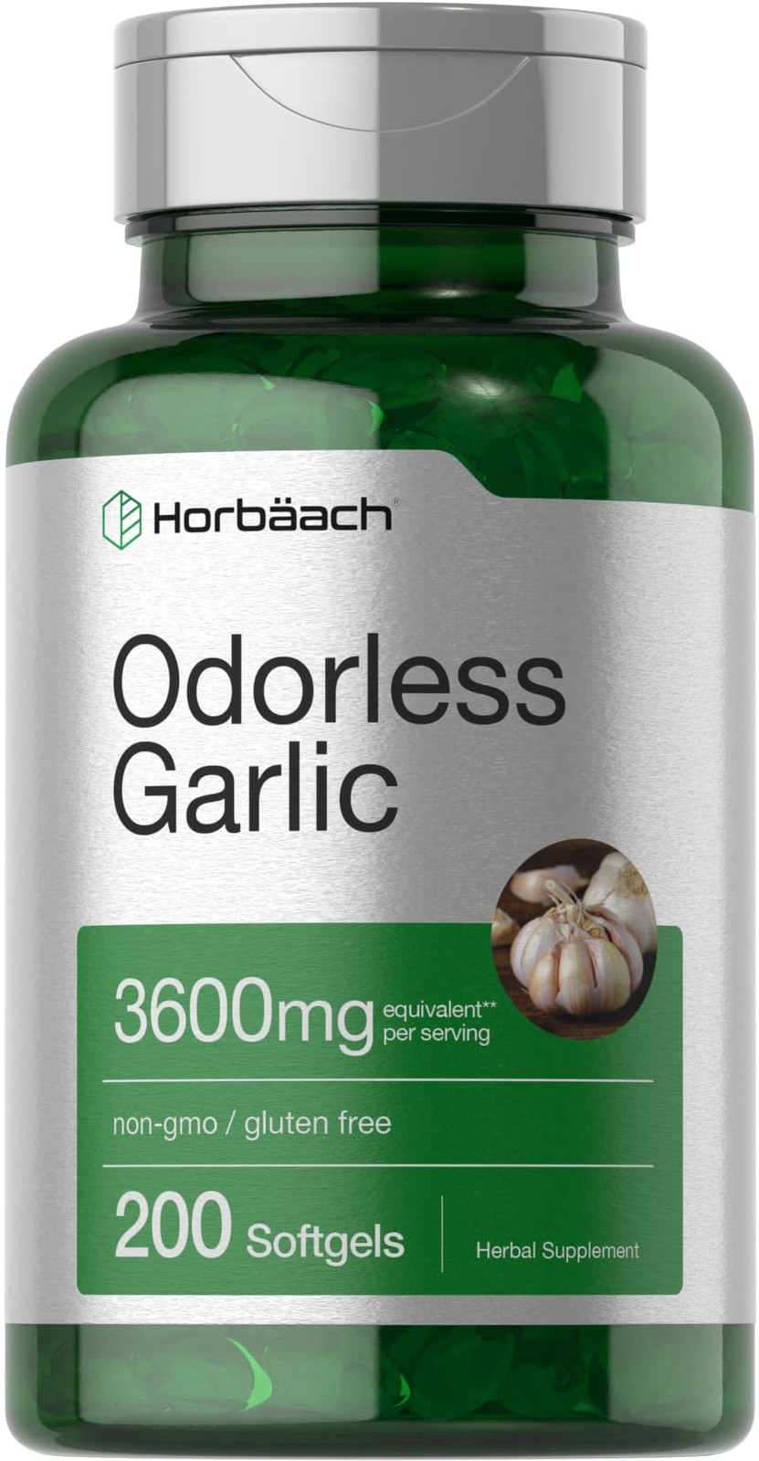 Horbäach Odorless Garlic Softgels 3600 mg | 200 Count | Ultra Potent Garlic