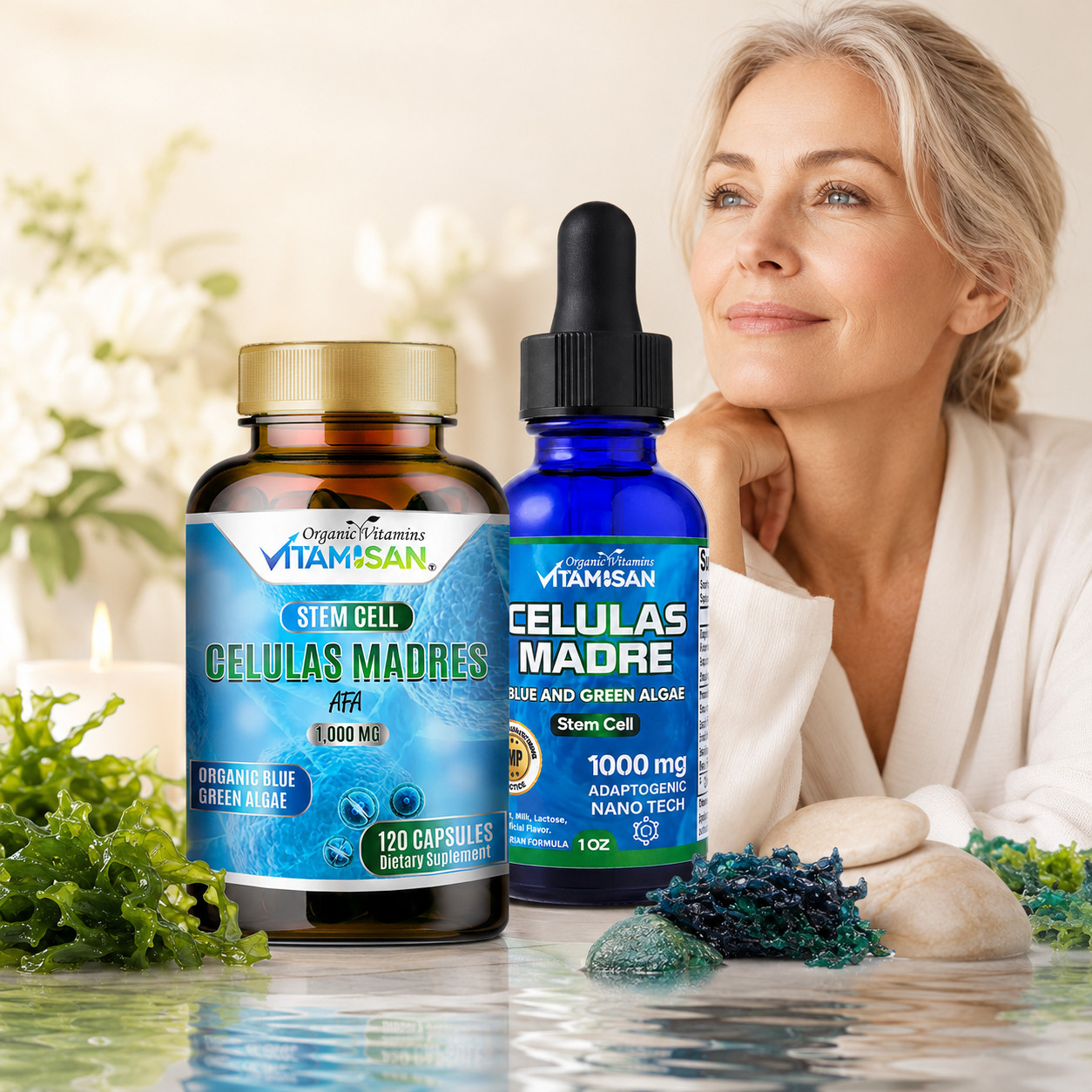 Celulas Madres Stem Cell 2 Pack Blue Green Algae AFA Spirulina Drops Caps Inmune