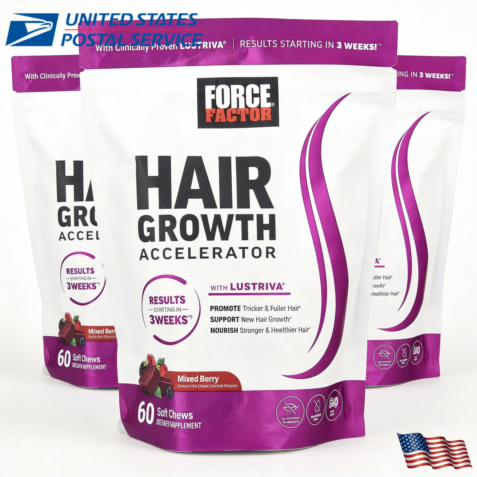 Force Factor Hair Growth Accelerator Hair Vitamins Soft Chews 3 Pack Berry 180ct
