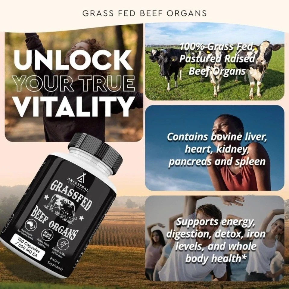 180 Capsules Ancestral Supplements Grass Fed Beef Organ Supplement-3 bottles