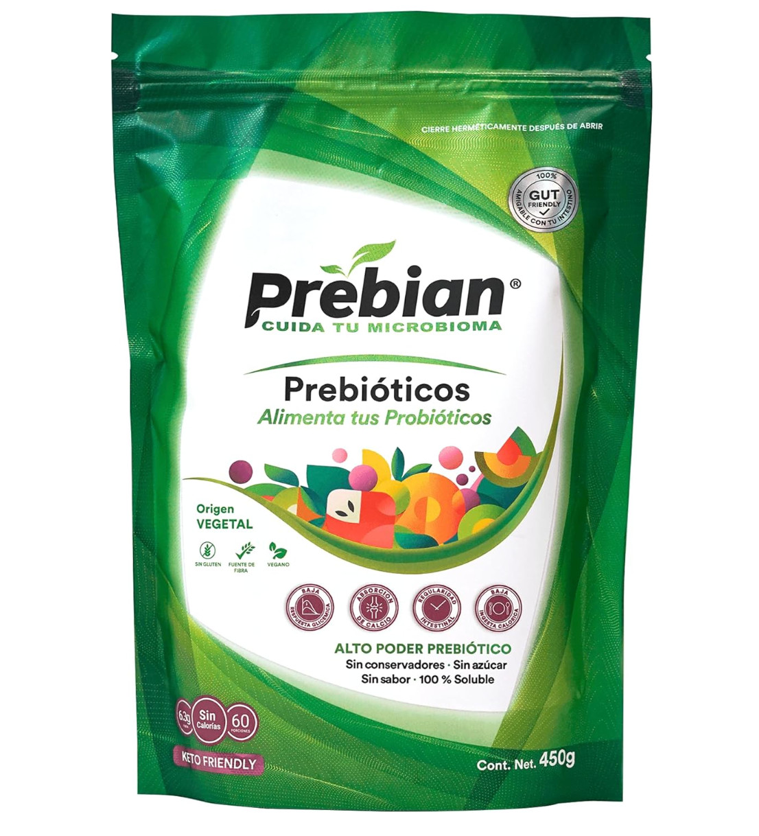 Prebian Probióticos: Keto, Vegan, Gluten and Lactose Free, 450G