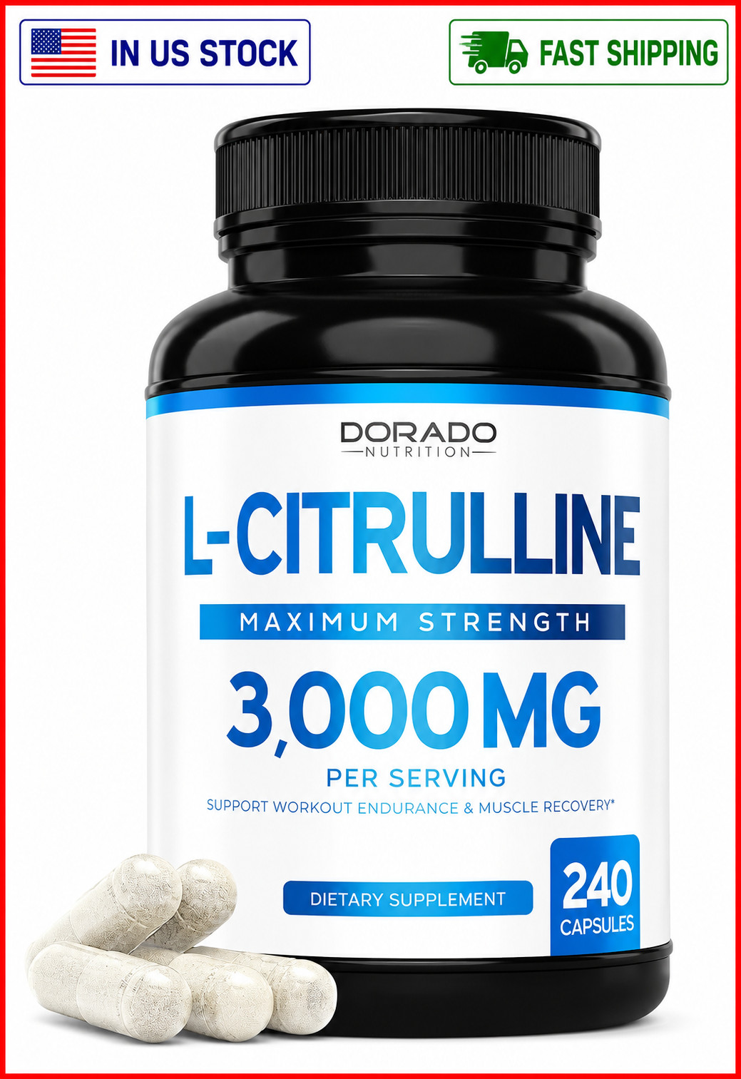 L-Citrulline 3000mg GMP Certified & Non-GMO Free Form Amino 240 Capsules