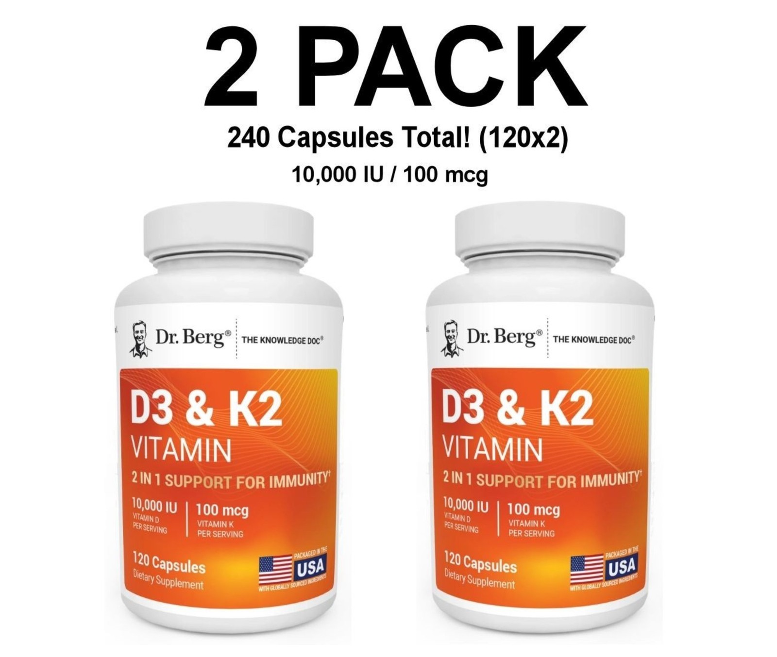 Dr. Berg’s D3 & K2 Vitamin, 2 PACK, 10,000 IU, 100 mcg per serving, 120 Capsules