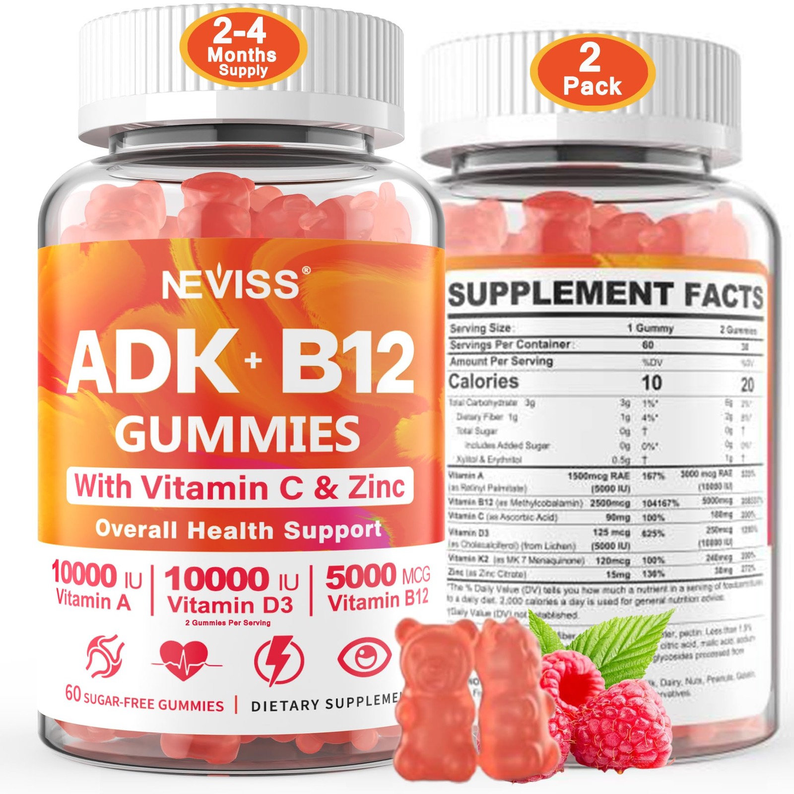 Sugar-Free ADK+Vitamin B12 Gummies – Vitamin D3 K2 10,000IU/ 5000IU, B12 5000…