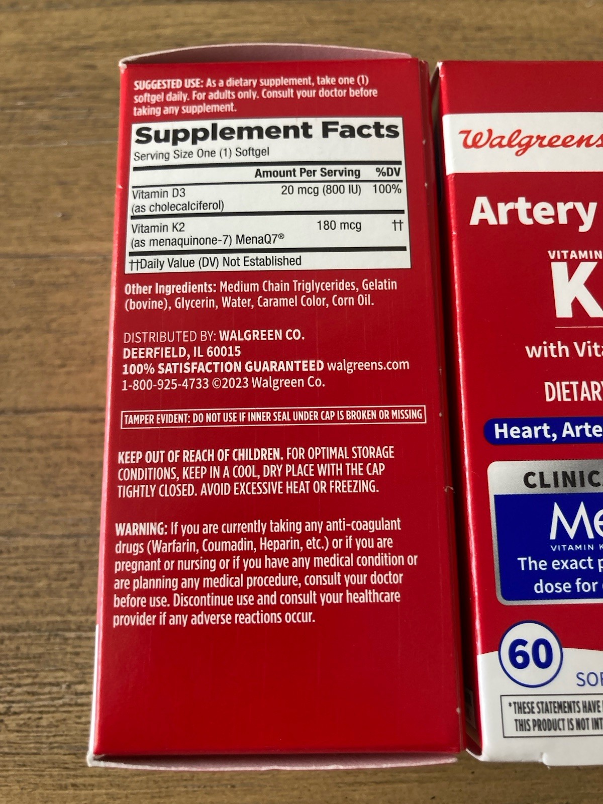 Walgreens Artery Health Vitamin K2 180mcg Vitamin D3 800 IU MenaQ7 120 Total