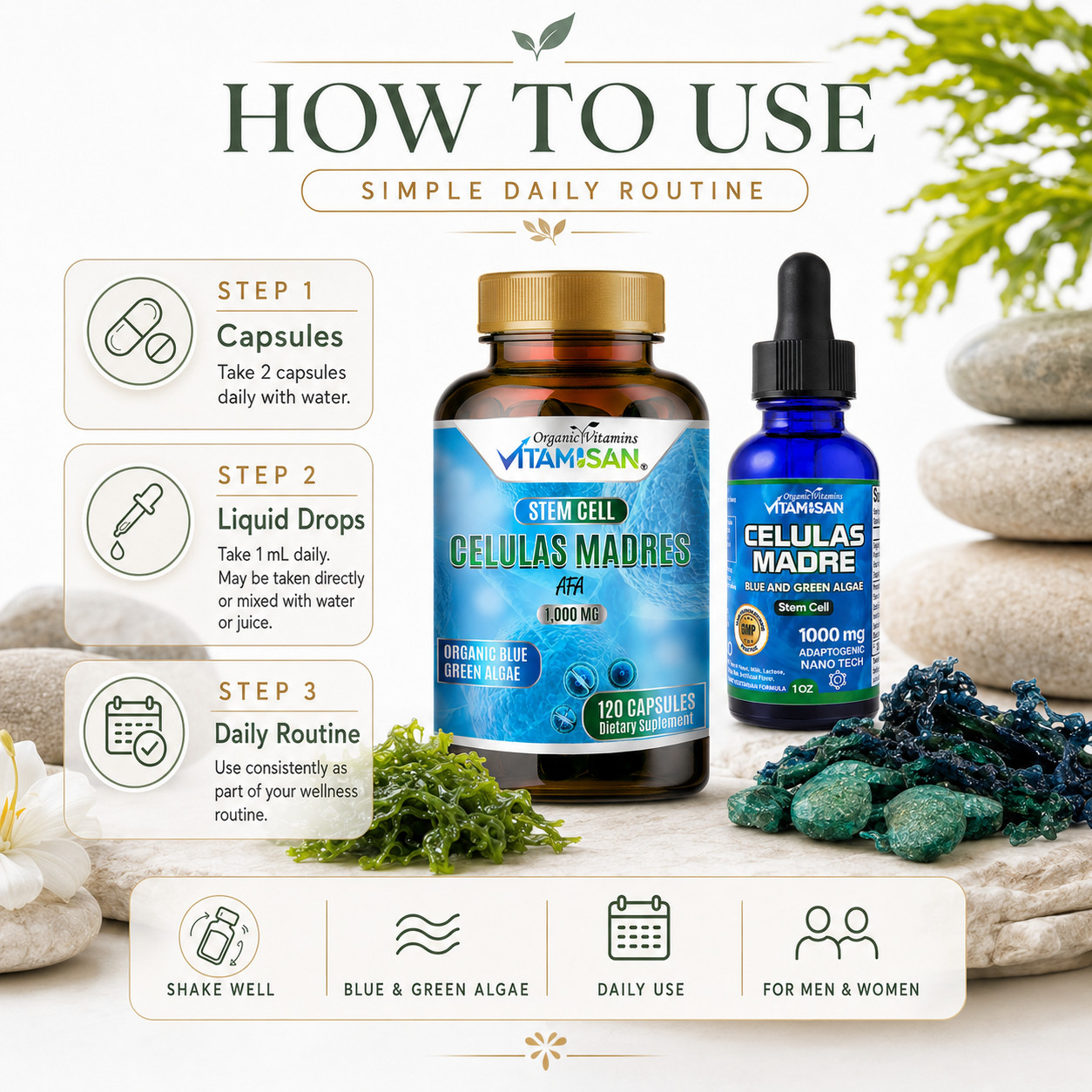 Celulas Madres Stem Cell 2 Pack Blue Green Algae AFA Spirulina Drops Caps Inmune