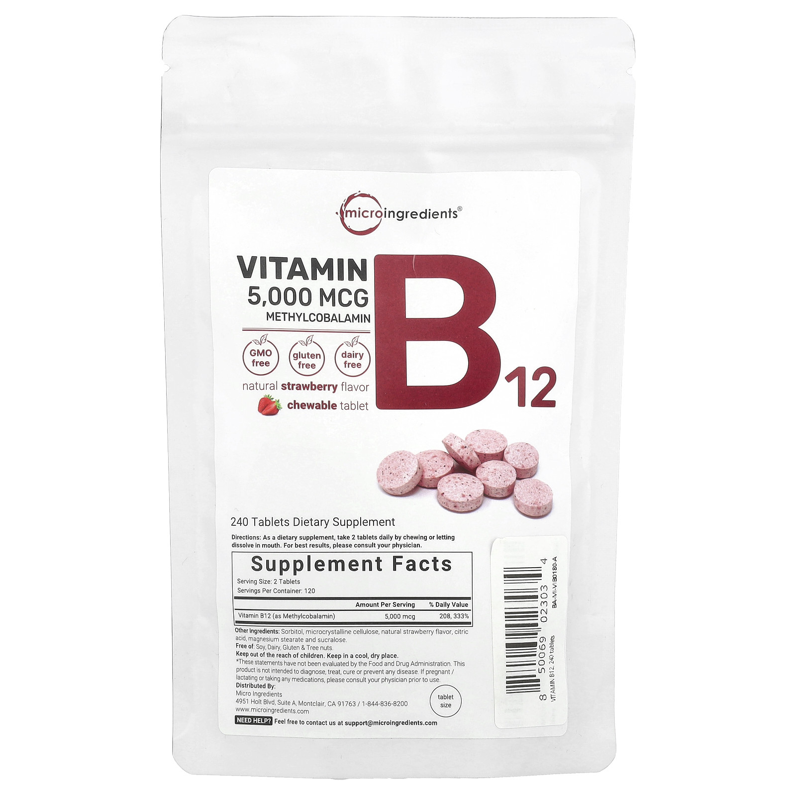 Vitamin B12 Methylcobalamin, Strawberry, 240 Chewable Tablets (2,500 mcg per