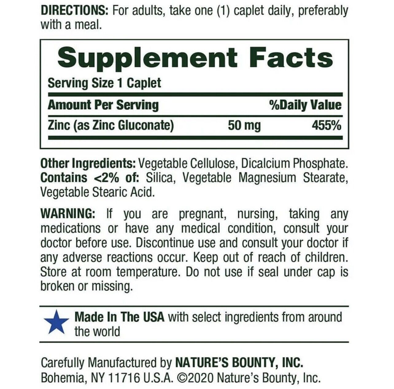 Nature’s Bounty Zinc Supports Immune Health 50mg 400 ct Caplets expire 04/2026