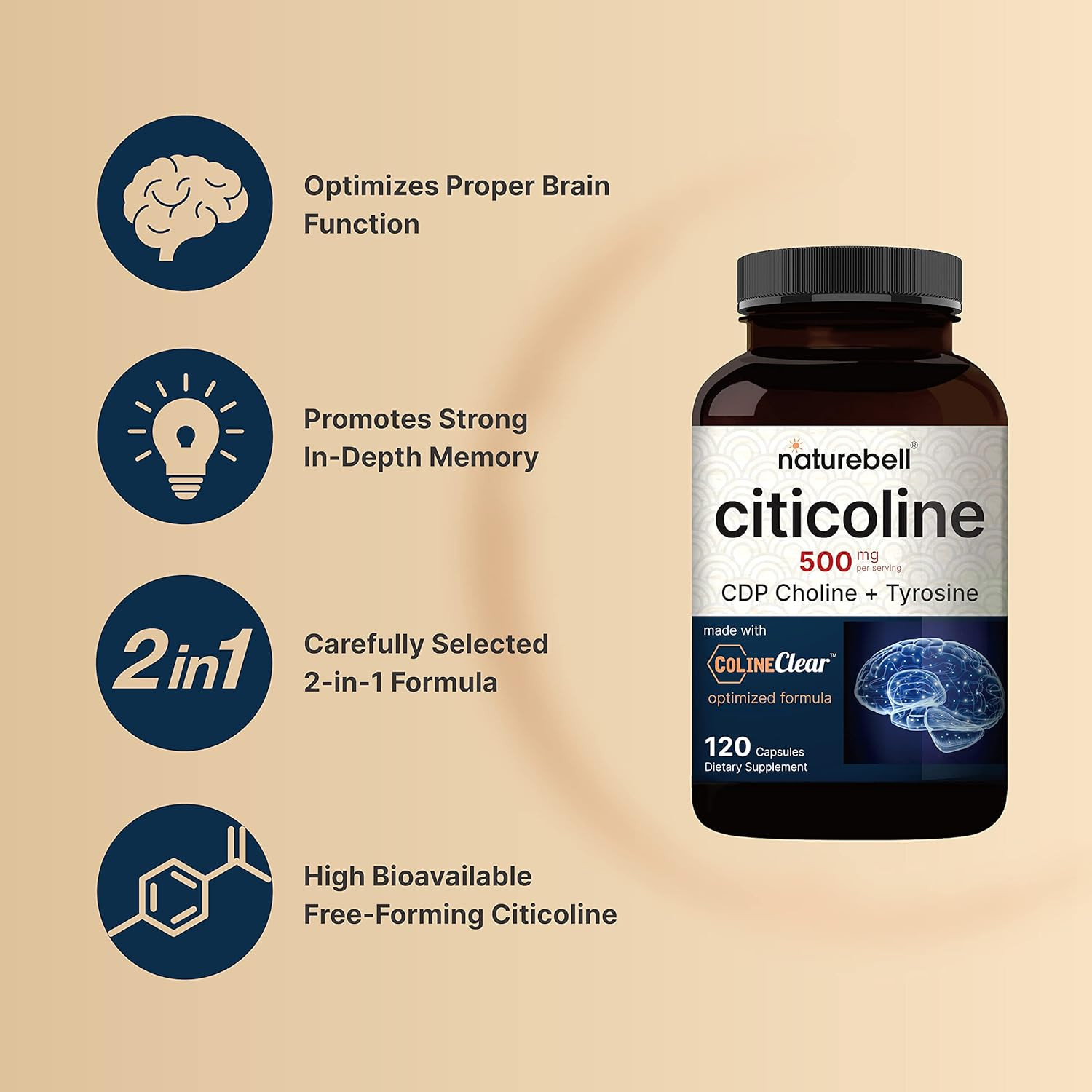 NatureBell Citicoline 500mg Supplement, CDP Choline + Tyrosine, 120 Capsules