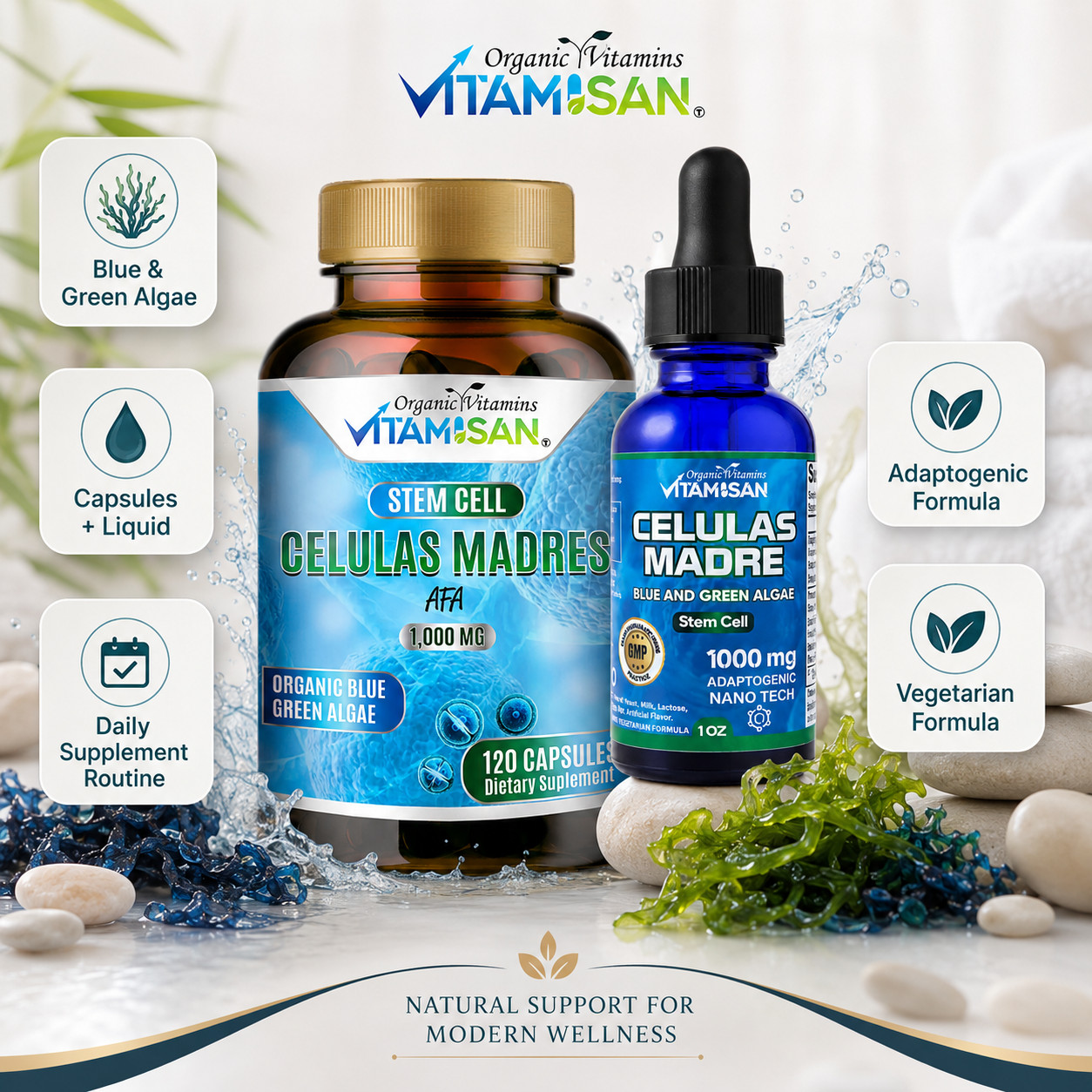 Celulas Madres Stem Cell 2 Pack Blue Green Algae AFA Spirulina Drops Caps Inmune